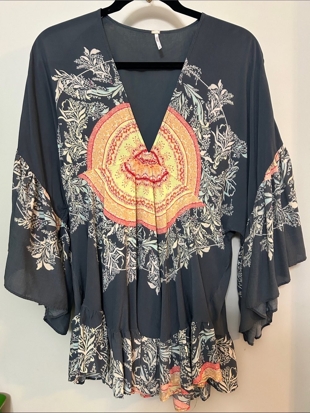 Free People Gray Tunic with Coral and Yellow Medallion